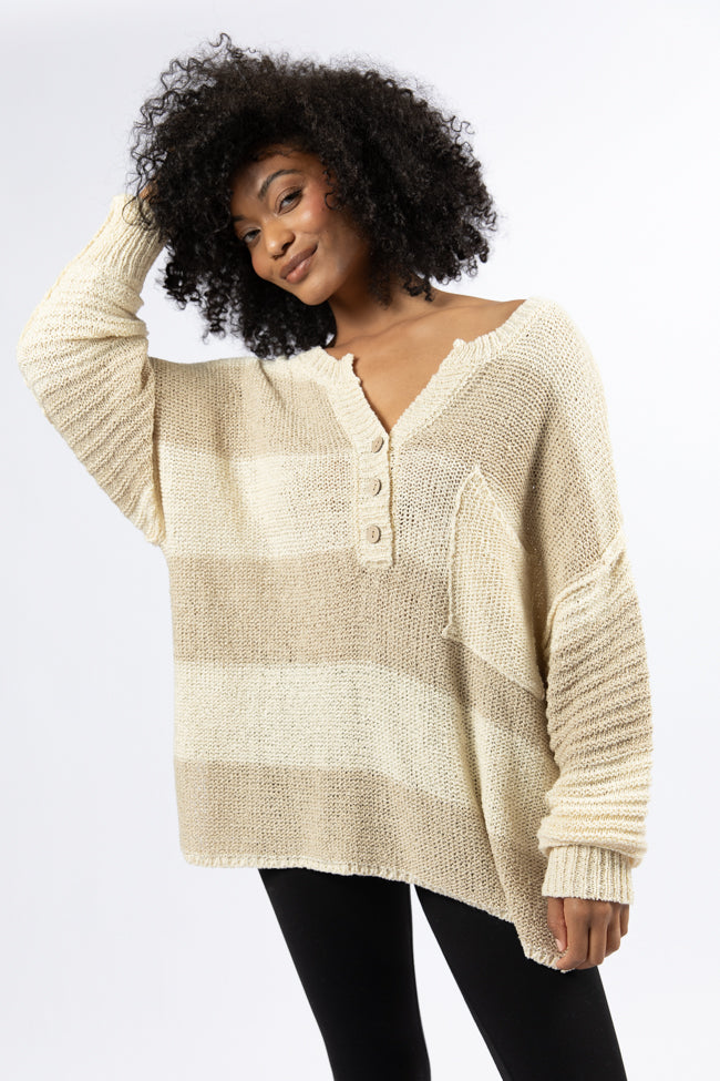 Know You Best Beige Oversized Striped Henley Sweater SALE