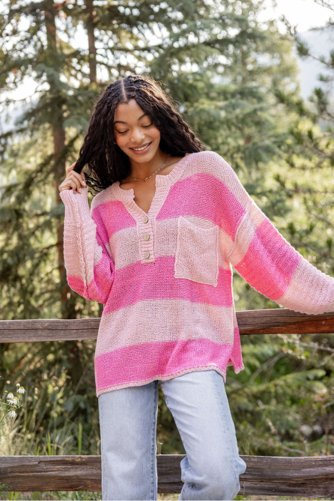 Know You Best Pink Oversized Striped Henley Sweater SALE
