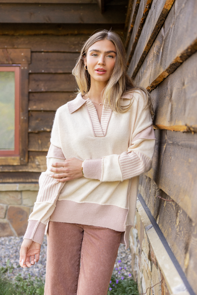 Think About It Cream and Mauve Collared Oversized Sweater SALE