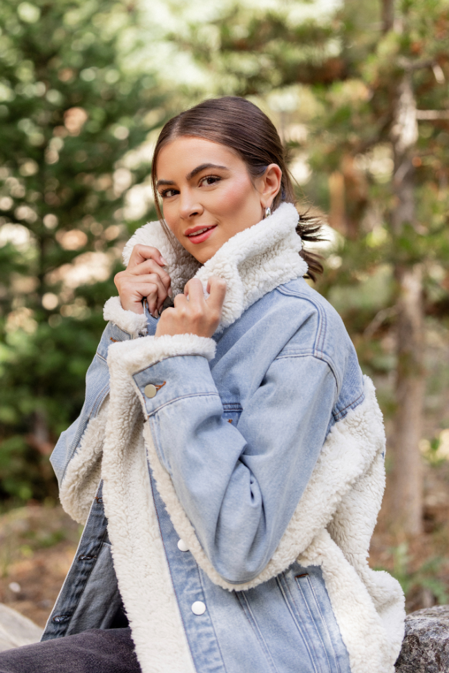 Picking Sides Light Wash Sherpa Detail Oversized Denim Jacket SALE